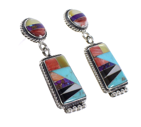 Multicolor Inlay Southwest Genuine Sterling Silver Post Dangle Earrings AX94994